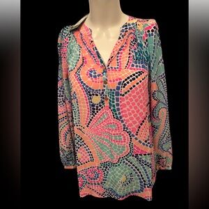 LILLY PULITZER Printed V-Neck Long Sleeve Tunic Top - Pink Multi size XS